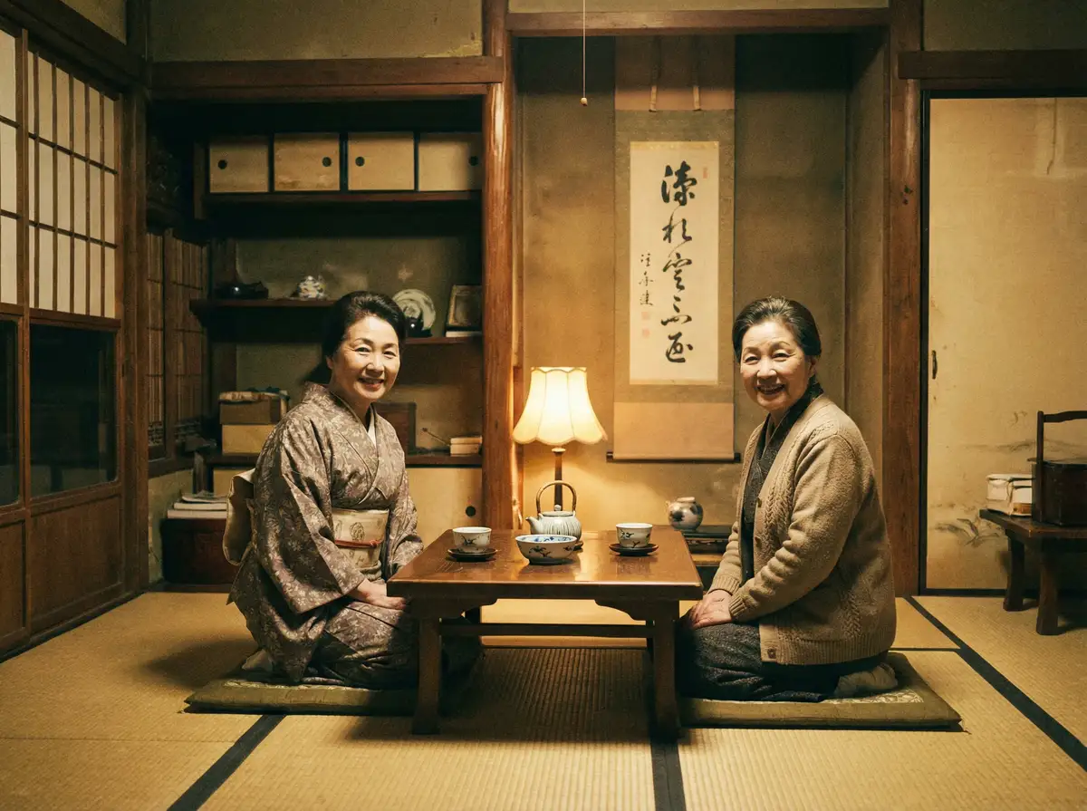 两位优雅的 精品大师 在日式茶室中品茶交谈